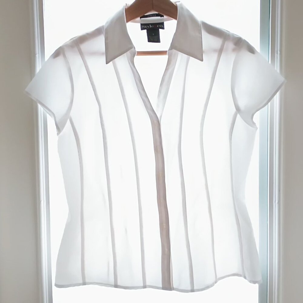 Style & Co. πWomens White Button Up Short Sleeve Business Professional Work Top - Picture 2 of 12